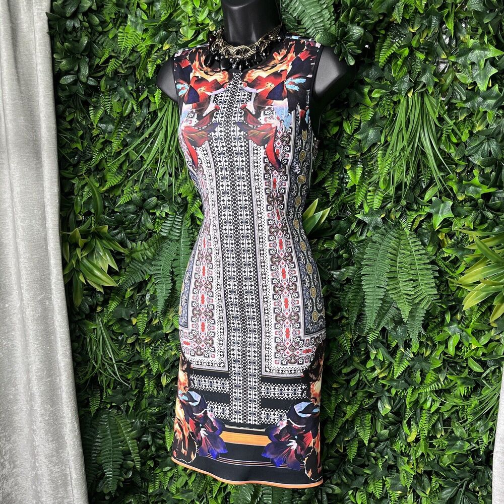 CLOVER CANYON Dress Women XS Black Floral Neoprene Irish Box Fitted Sheath 2031